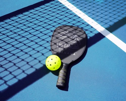 Pickle ball paddle with ball on court with net shadow.